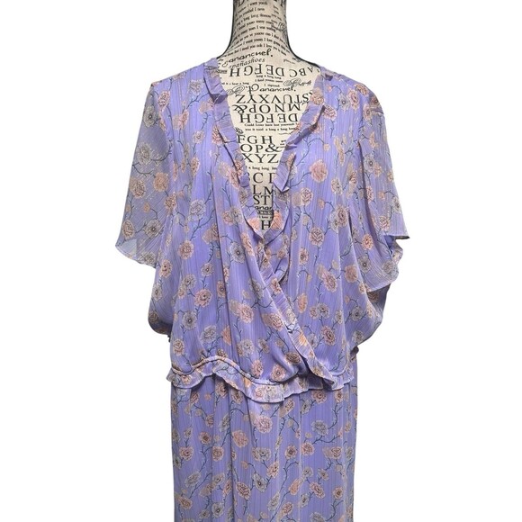 NWT LC LAUREN CONRAD M PURPLE GOLD‎ GREEN FLORAL RUFFLE FAUX WRAP MIDI 3X - Picture 2 of 11